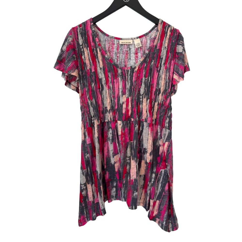 DKNY Smocked Tunic Top Size 18/20 Short Sleeve Scoop Neck Abstract Asymmetrical